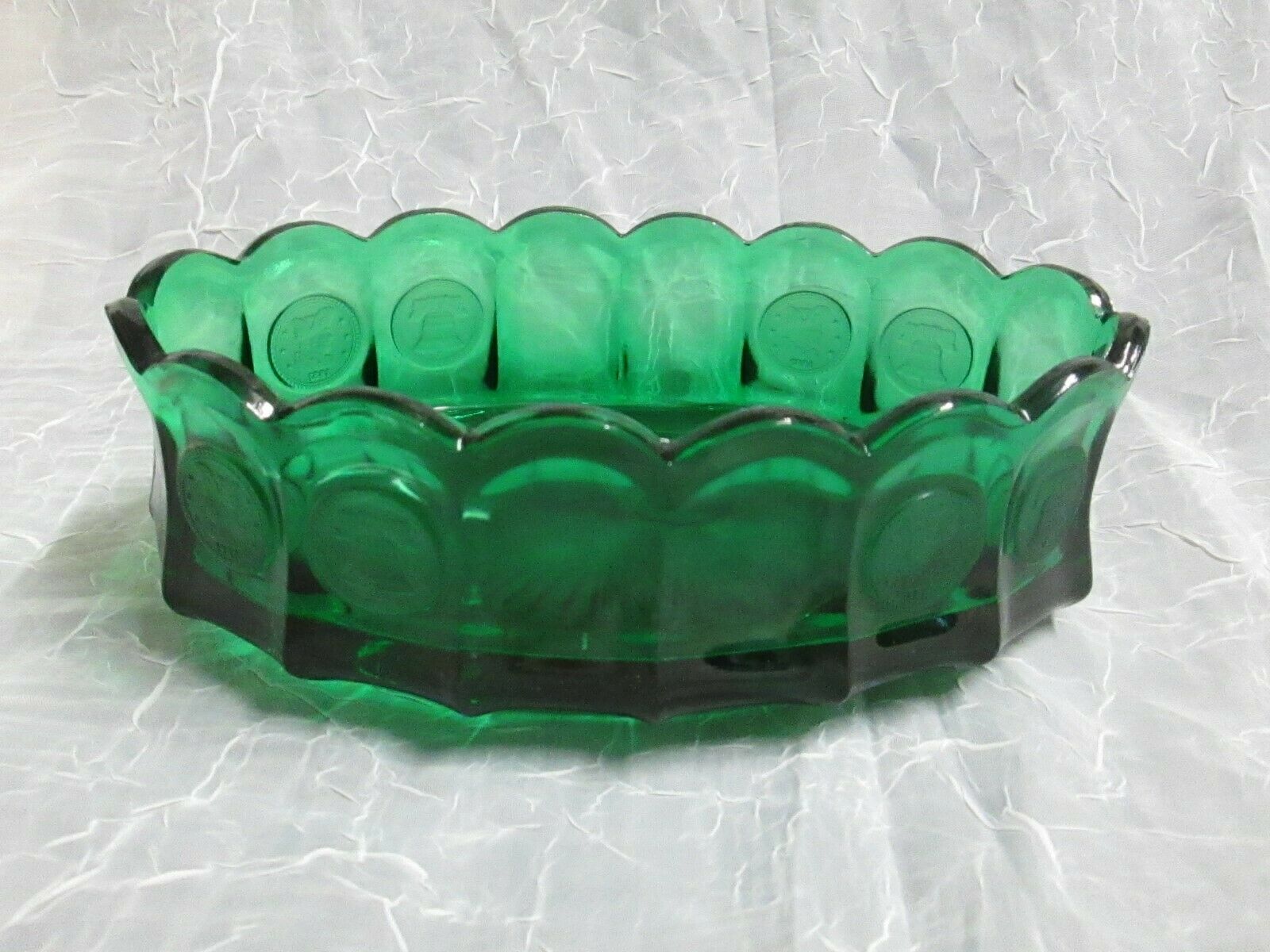 Fostoria Coin Pattern Glass Emerald Green Oval Console Bowl Rare